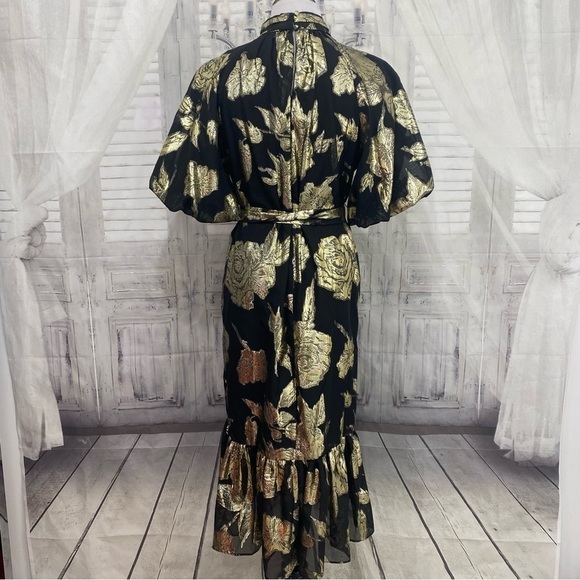 Alex Marie Black Gold Mock Neck Puff Sleeve Midi Dress Belted Pockets Cocktail - Picture 10 of 16